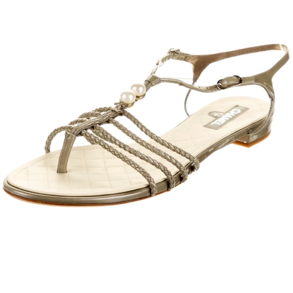 CHANEL Grey Patent Leather Braided Pearl T-Strap Flat Sandals